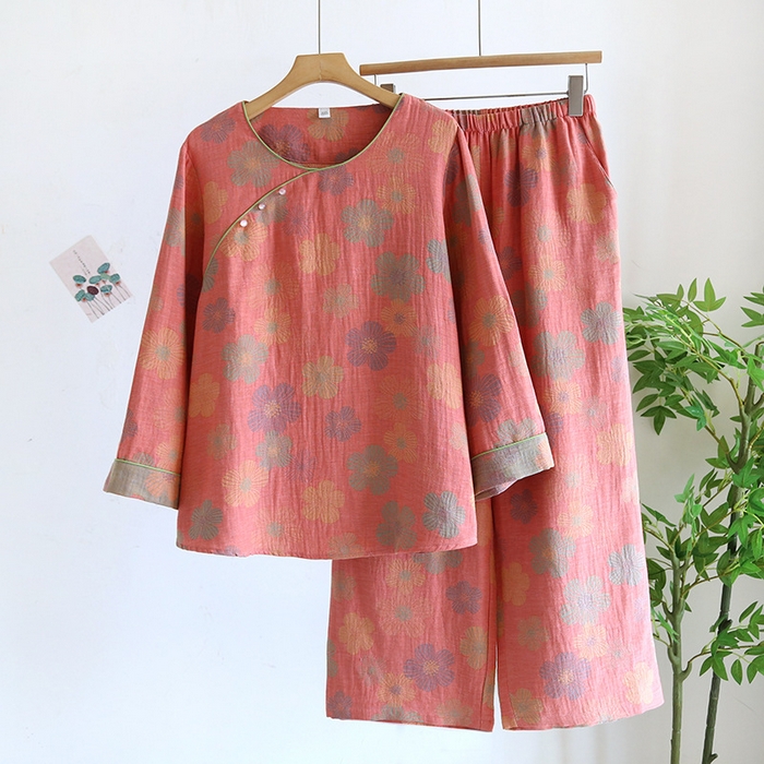 91家纺网 家纺一手货源 找家纺 （总）洛兰沙家居馆【只代发】【只代发】 2024新款全棉色织提花国风长袖长裤睡衣女四季薄款圆领套头家居服套装可外穿