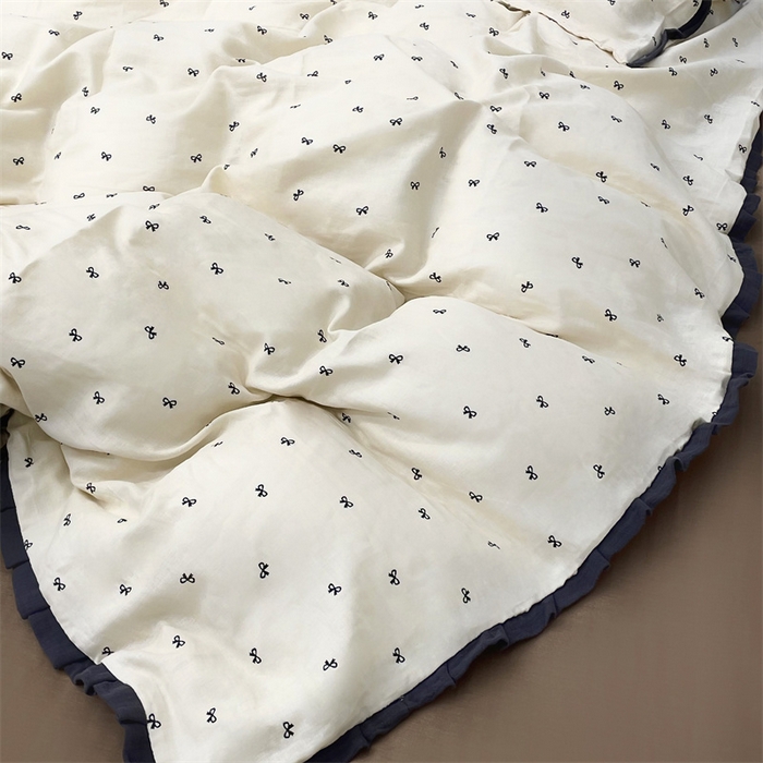 91家纺网 家纺一手货源 找家纺 荣轩 2024新款全棉印花双层纱四件套 皱皱纱花边款 花边 蝴蝶可颂