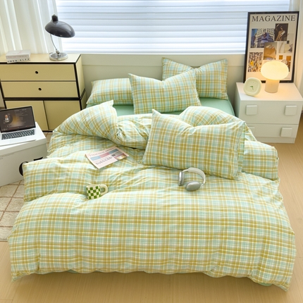 91家纺网 家纺一手货源 找家纺 星尚家纺 2024新款全棉色织水洗棉学生三件套 多芙-清水绿