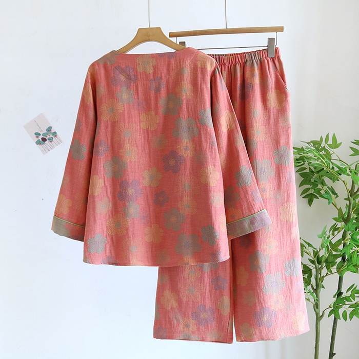 91家纺网 家纺一手货源 找家纺 洛兰沙家居馆【只代发】【只代发】 2024新款全棉色织提花国风长袖长裤睡衣女四季薄款圆领套头家居服套装可外穿 粉色