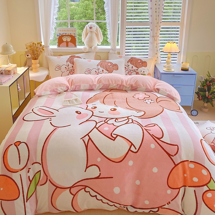 91家纺网 家纺一手货源 找家纺 莱米家纺 2024新款大版牛奶绒卡通四件套 花花少女