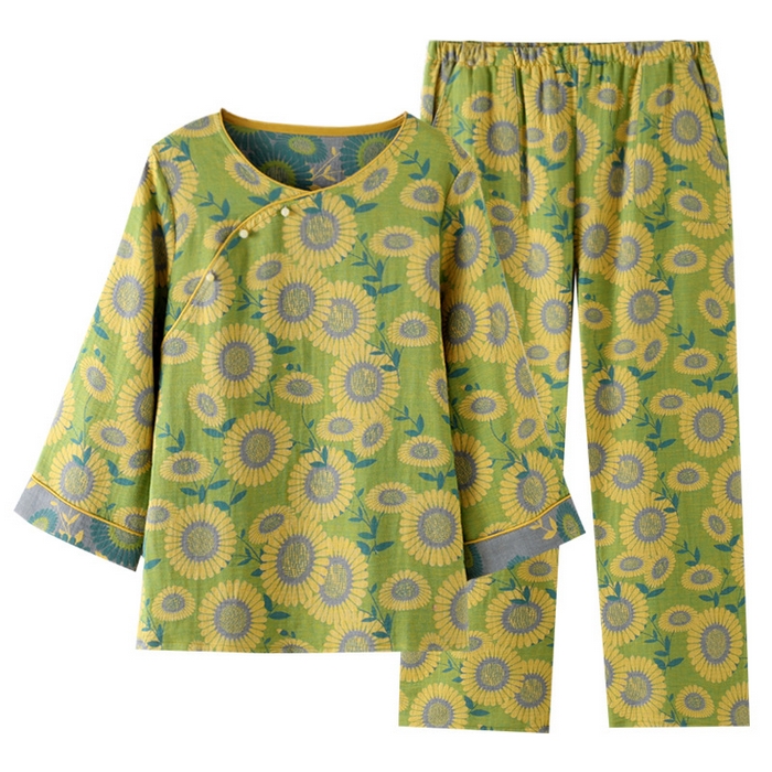 91家纺网 家纺一手货源 找家纺 （总）洛兰沙家居馆【只代发】【只代发】 2024新款全棉色织提花国风长袖长裤睡衣女四季薄款圆领套头家居服套装可外穿