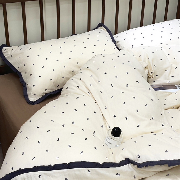 91家纺网 家纺一手货源 找家纺 荣轩 2024新款全棉印花双层纱四件套 皱皱纱花边款 花边 蝴蝶可颂