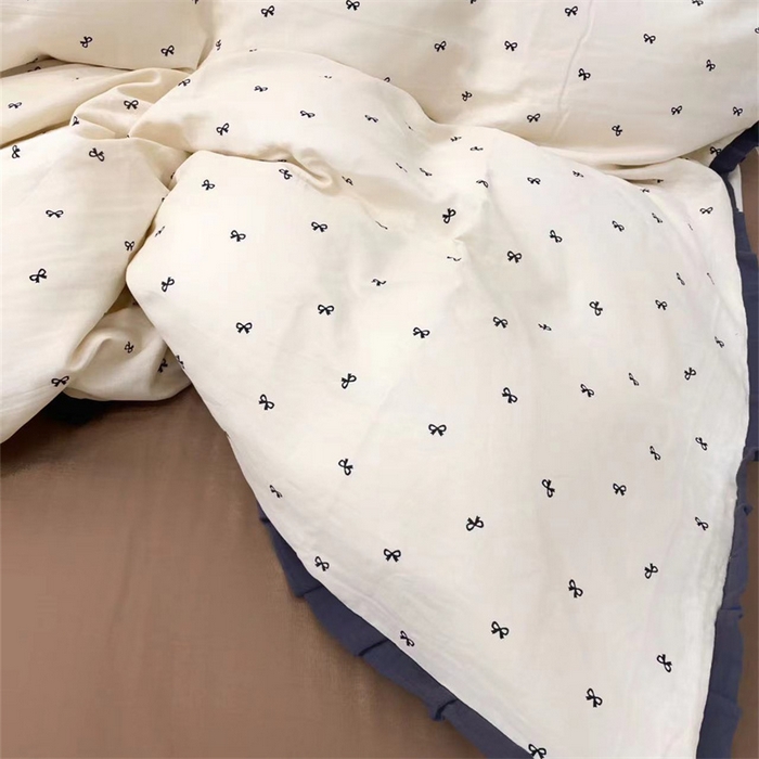 91家纺网 家纺一手货源 找家纺 荣轩 2024新款全棉印花双层纱四件套 皱皱纱花边款 花边 蝴蝶可颂