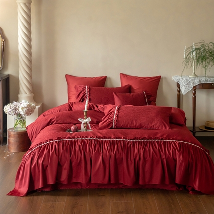 （总）优然居家纺 2024新款50支双股100棉法式暗纹提花花边四件套