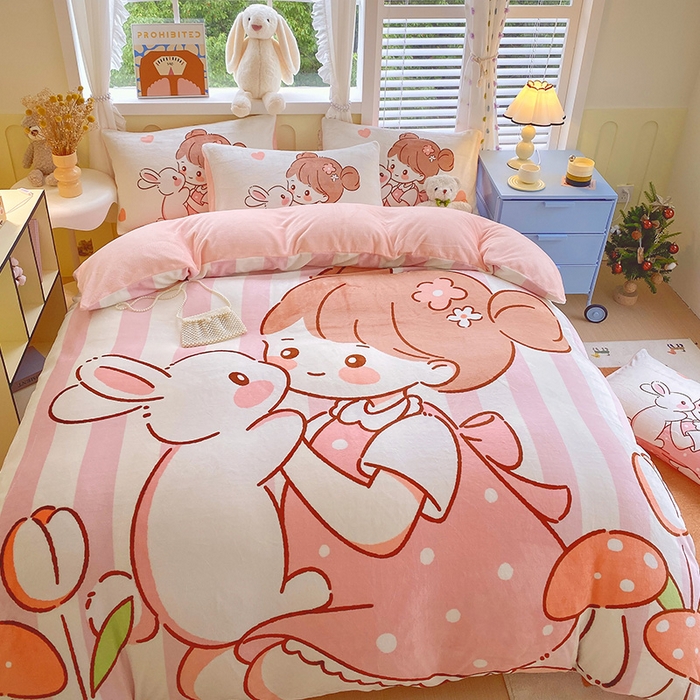 91家纺网 家纺一手货源 找家纺 莱米家纺 2024新款大版牛奶绒卡通四件套 花花少女