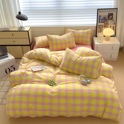 91家纺网 家纺一手货源 找家纺 星尚家纺 2024新款全棉色织水洗棉学生三件套 佛暖-粉黄