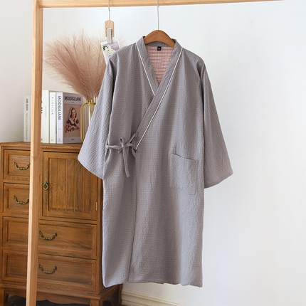 91家纺网 家纺一手货源 找家纺 洛兰沙家居馆【只代发】【只代发】 2024新款色织提花睡衣情侣春夏七分袖和服开衫全棉休闲宽松日系家居服套装男女生 灰色单袍