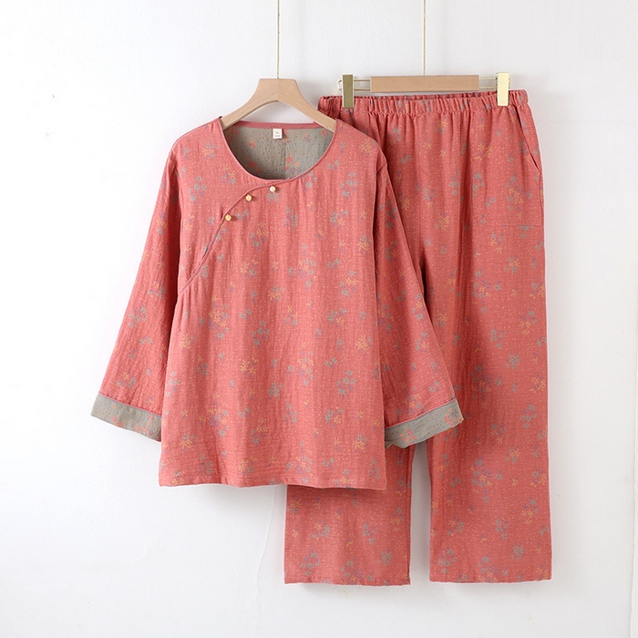 91家纺网 家纺一手货源 找家纺 洛兰沙家居馆【只代发】【只代发】 2024新款全棉色织提花国风长袖长裤睡衣女四季薄款圆领套头家居服套装可外穿 中式-粉色