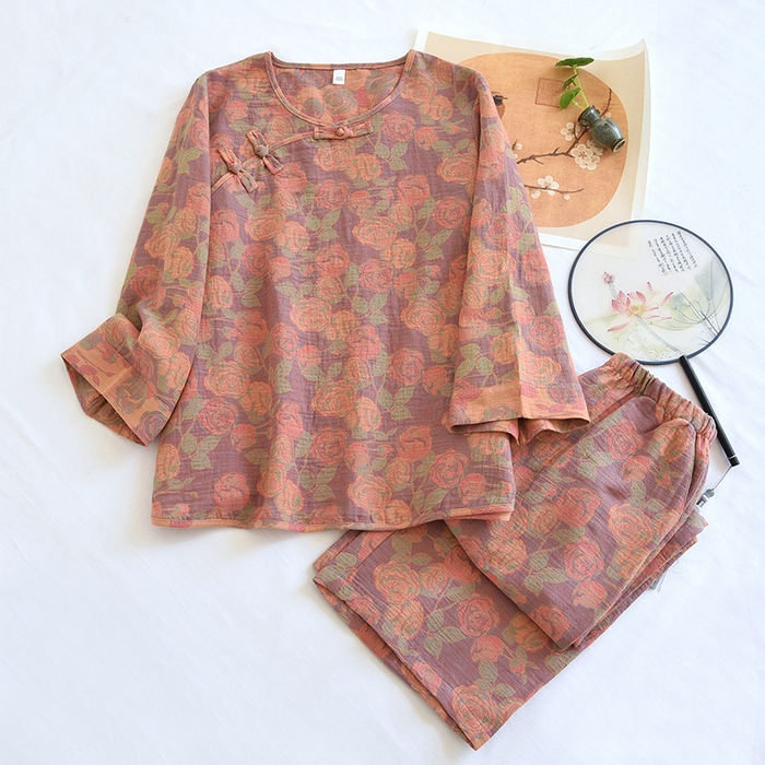 91家纺网 家纺一手货源 找家纺 洛兰沙家居馆【只代发】【只代发】 2024新款全棉色织提花国风长袖长裤睡衣女四季薄款圆领套头家居服套装可外穿 长款橙色