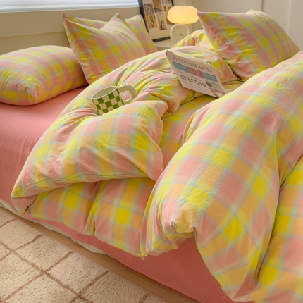 星尚家纺 2024新款A类全棉色织水洗棉三四件套系列-单被套 佛暖-粉黄