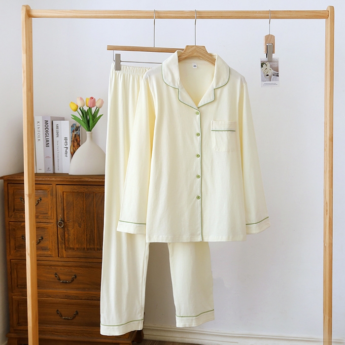 91家纺网 家纺一手货源 找家纺 洛兰沙家居馆【只代发】【只代发】 2024新款针织棉睡衣女春秋款居家针织棉大码夏季开衫长袖柔软家居服套装 奶黄色