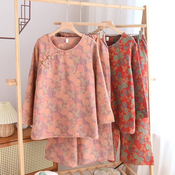 91家纺网 家纺一手货源 找家纺 洛兰沙家居馆【只代发】【只代发】 2024新款全棉色织提花国风长袖长裤睡衣女四季薄款圆领套头家居服套装可外穿 长款粉色