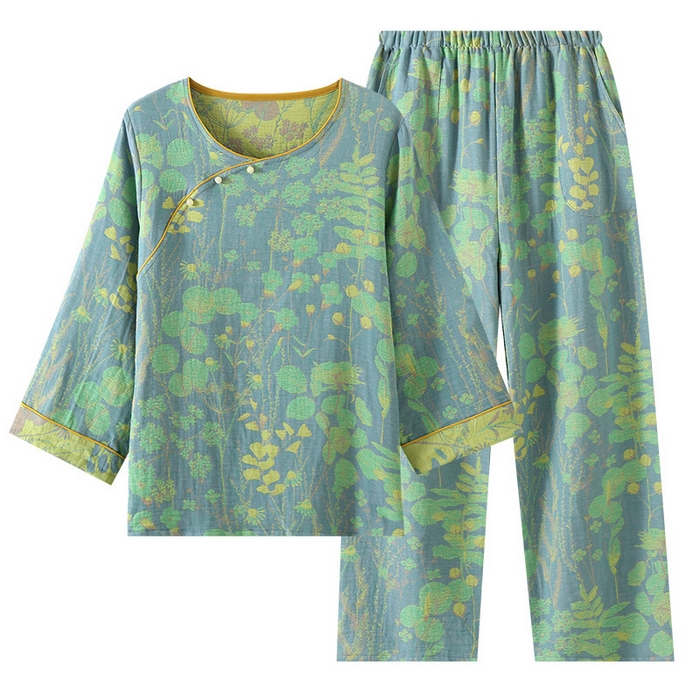 91家纺网 家纺一手货源 找家纺 洛兰沙家居馆【只代发】【只代发】 2024新款全棉色织提花国风长袖长裤睡衣女四季薄款圆领套头家居服套装可外穿 浅绿