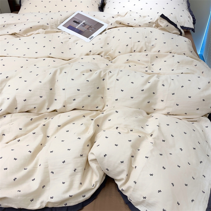 91家纺网 家纺一手货源 找家纺 荣轩 2024新款全棉印花双层纱四件套 皱皱纱花边款 花边 蝴蝶可颂