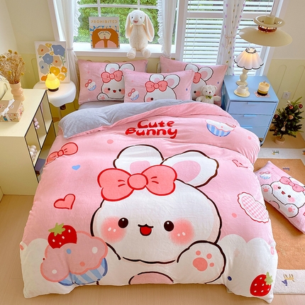 91家纺网 家纺一手货源 找家纺 莱米家纺 2024新款大版牛奶绒卡通四件套 蛋糕兔