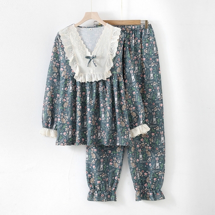 91家纺网 家纺一手货源 找家纺 洛兰沙家居馆【只代发】【只代发】 2024新款棉纱绉布睡衣女春夏季甜美蕾丝印花韩版花边长袖套头家居服四季款 绿色