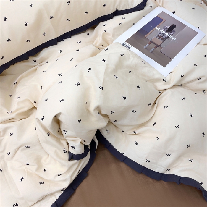 91家纺网 家纺一手货源 找家纺 荣轩 2024新款全棉印花双层纱四件套 皱皱纱花边款 花边 蝴蝶可颂