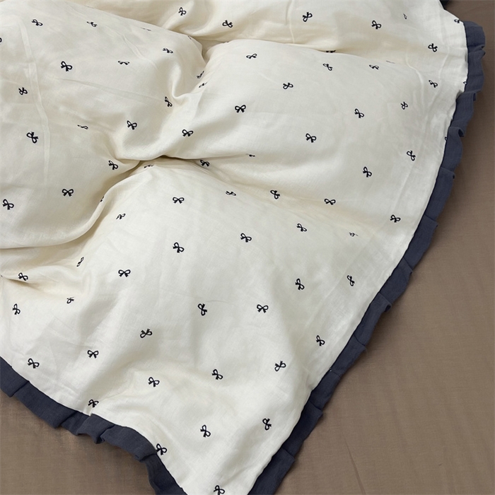 91家纺网 家纺一手货源 找家纺 荣轩 2024新款全棉印花双层纱四件套 皱皱纱花边款 花边 蝴蝶可颂