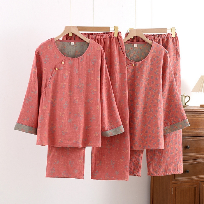 91家纺网 家纺一手货源 找家纺 （总）洛兰沙家居馆【只代发】【只代发】 2024新款全棉色织提花国风长袖长裤睡衣女四季薄款圆领套头家居服套装可外穿