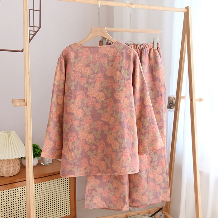 91家纺网 家纺一手货源 找家纺 洛兰沙家居馆【只代发】【只代发】 2024新款全棉色织提花国风长袖长裤睡衣女四季薄款圆领套头家居服套装可外穿 长款粉色