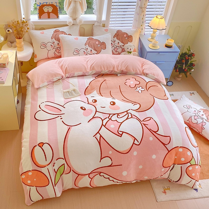 91家纺网 家纺一手货源 找家纺 莱米家纺 2024新款大版牛奶绒卡通四件套 花花少女