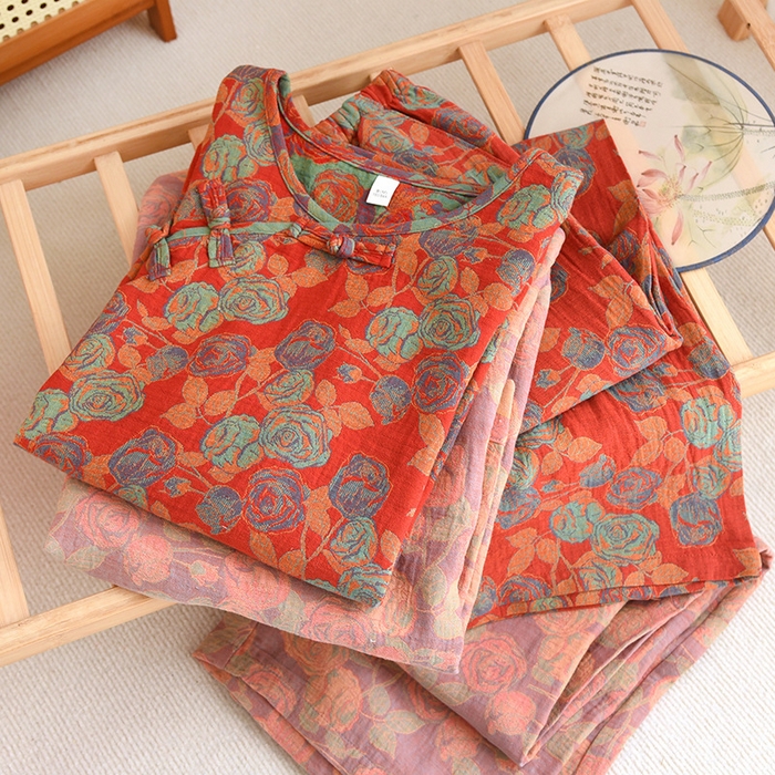 91家纺网 家纺一手货源 找家纺 洛兰沙家居馆【只代发】【只代发】 2024新款全棉色织提花国风长袖长裤睡衣女四季薄款圆领套头家居服套装可外穿 长款橙色