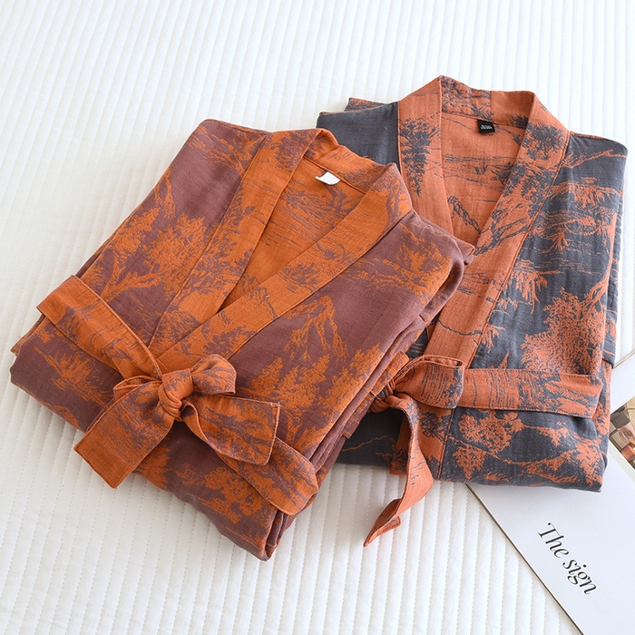 91家纺网 家纺一手货源 找家纺 洛兰沙家居馆【只代发】【只代发】 2024新款色织提花睡衣情侣春夏七分袖和服开衫全棉休闲宽松日系家居服套装男女生 浴袍橙色