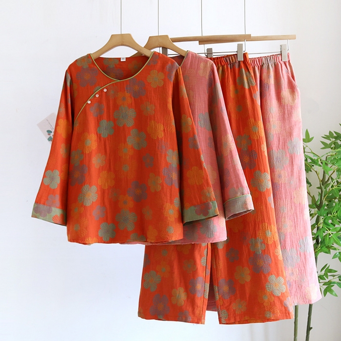 91家纺网 家纺一手货源 找家纺 洛兰沙家居馆【只代发】【只代发】 2024新款全棉色织提花国风长袖长裤睡衣女四季薄款圆领套头家居服套装可外穿 橙色