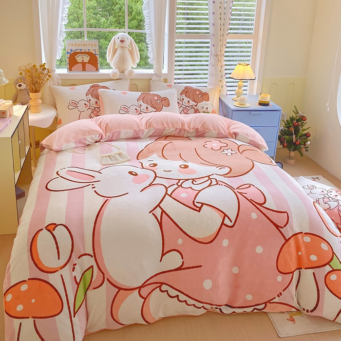 91家纺网 家纺一手货源 找家纺 莱米家纺 2024新款大版牛奶绒卡通四件套 花花少女