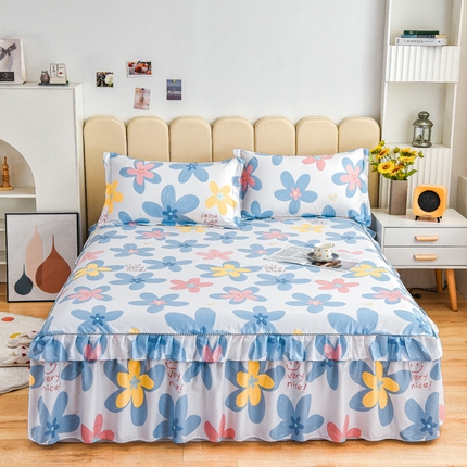 91家纺网 家纺一手货源 找家纺 名优家纺 2024新款A类全棉印花床裙 浅浅花漾-蓝色