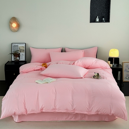 91家纺网 家纺一手货源 找家纺 沃朴家居 2024新款纯色水洗棉四件套学生三件套粉玉