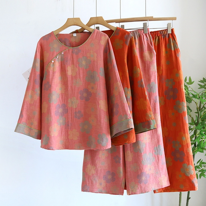 91家纺网 家纺一手货源 找家纺 洛兰沙家居馆【只代发】【只代发】 2024新款全棉色织提花国风长袖长裤睡衣女四季薄款圆领套头家居服套装可外穿 橙色