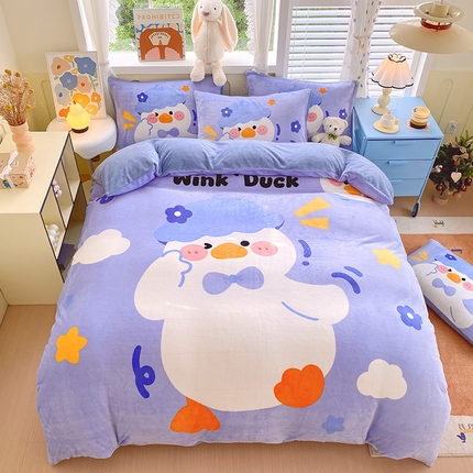 91家纺网 家纺一手货源 找家纺 莱米家纺 2024新款大版牛奶绒卡通四件套 快乐鸭