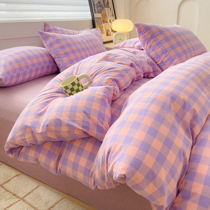 91家纺网 家纺一手货源 找家纺 星尚家纺 2024新款A类全棉色织水洗棉三四件套系列-单被套 粉紫格