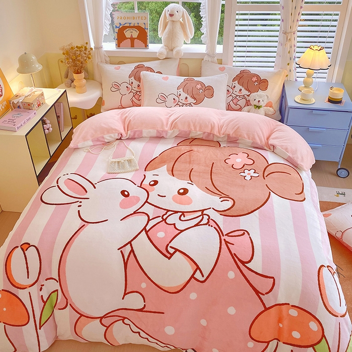 91家纺网 家纺一手货源 找家纺 莱米家纺 2024新款大版牛奶绒卡通四件套 花花少女