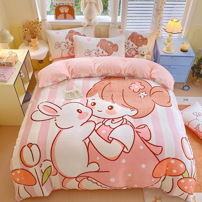 91家纺网 家纺一手货源 找家纺 莱米家纺 2024新款大版牛奶绒卡通四件套 花花少女