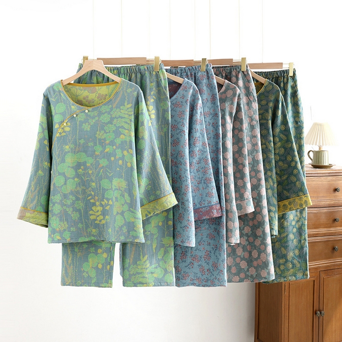 91家纺网 家纺一手货源 找家纺 （总）洛兰沙家居馆【只代发】【只代发】 2024新款全棉色织提花国风长袖长裤睡衣女四季薄款圆领套头家居服套装可外穿