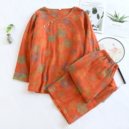 91家纺网 家纺一手货源 找家纺 （总）洛兰沙家居馆【只代发】【只代发】 2024新款全棉色织提花国风长袖长裤睡衣女四季薄款圆领套头家居服套装可外穿