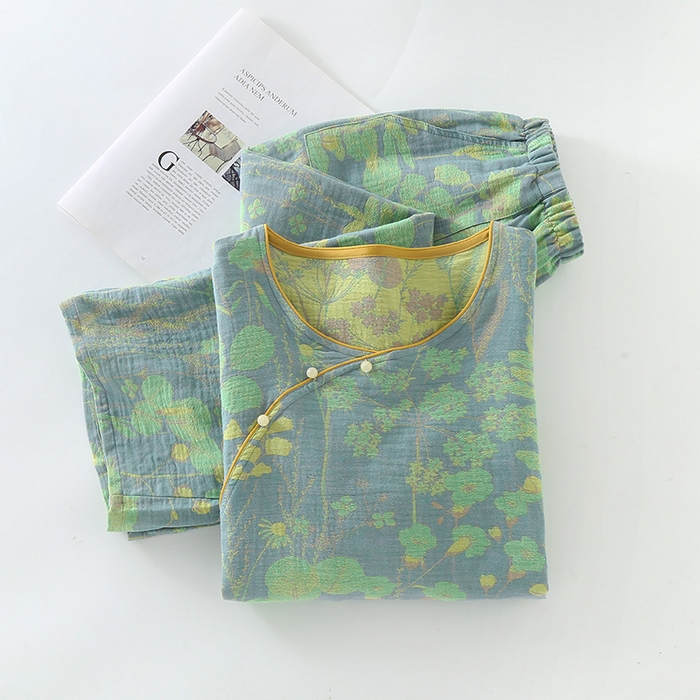 91家纺网 家纺一手货源 找家纺 洛兰沙家居馆【只代发】【只代发】 2024新款全棉色织提花国风长袖长裤睡衣女四季薄款圆领套头家居服套装可外穿 浅绿