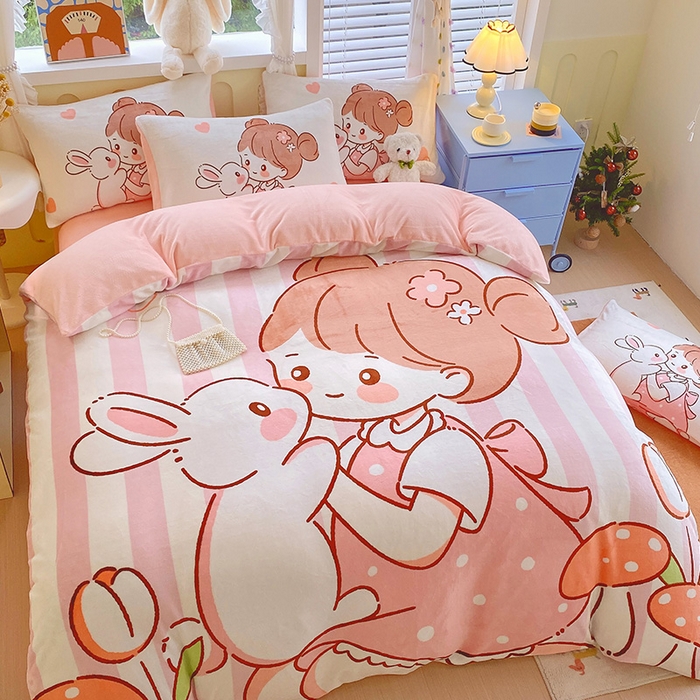 91家纺网 家纺一手货源 找家纺 莱米家纺 2024新款大版牛奶绒卡通四件套 花花少女