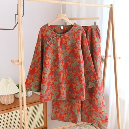 91家纺网 家纺一手货源 找家纺 洛兰沙家居馆【只代发】【只代发】 2024新款全棉色织提花国风长袖长裤睡衣女四季薄款圆领套头家居服套装可外穿 长款橙色