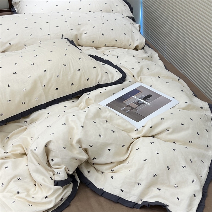 91家纺网 家纺一手货源 找家纺 荣轩 2024新款全棉印花双层纱四件套 皱皱纱花边款 花边 蝴蝶可颂