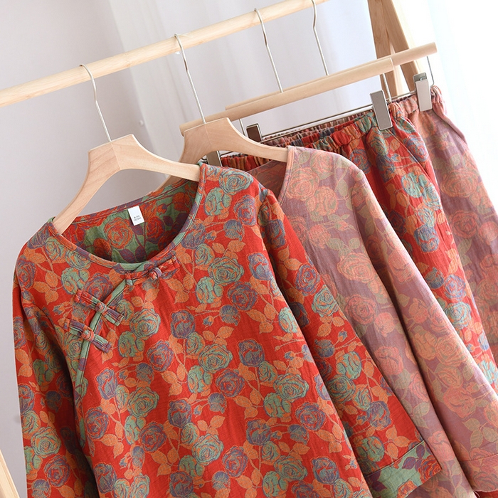 91家纺网 家纺一手货源 找家纺 洛兰沙家居馆【只代发】【只代发】 2024新款全棉色织提花国风长袖长裤睡衣女四季薄款圆领套头家居服套装可外穿 长款橙色