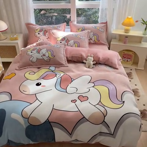 91家纺网 家纺一手货源 找家纺 喜梦缘-2025新款大版卡通牛奶绒四件套 独角兽