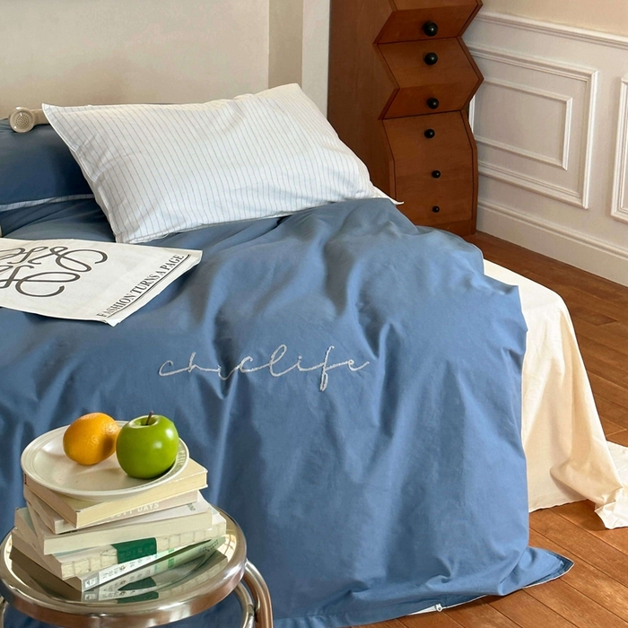 91家纺网 家纺一手货源 找家纺 时年家纺 2024新款40毛巾绣全工艺水洗全棉系列四件套（充值会员优惠5元） 深蓝条