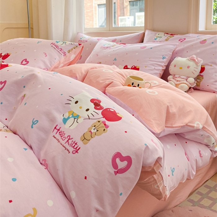 91家纺网 家纺一手货源 找家纺 博雅 2024新款三丽鸥全棉印花卡通四件套 小熊苹果KT