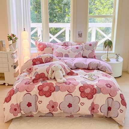 91家纺网 家纺一手货源 找家纺 帅露家纺 2025新款全棉ins风小清新加厚磨毛四件套【提供质检报告】 繁花-红
