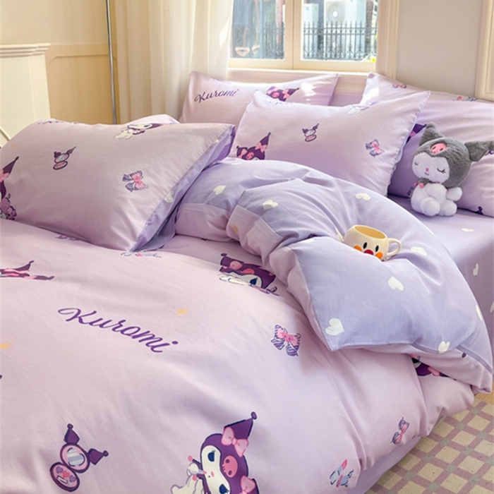 91家纺网 家纺一手货源 找家纺 博雅 2024新款三丽鸥全棉印花卡通四件套 浅紫库洛米