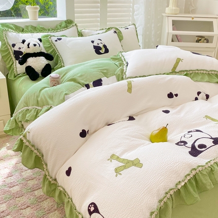 同田家纺  2024新款泡泡棉印花蕾丝工艺四件套 竹子熊猫